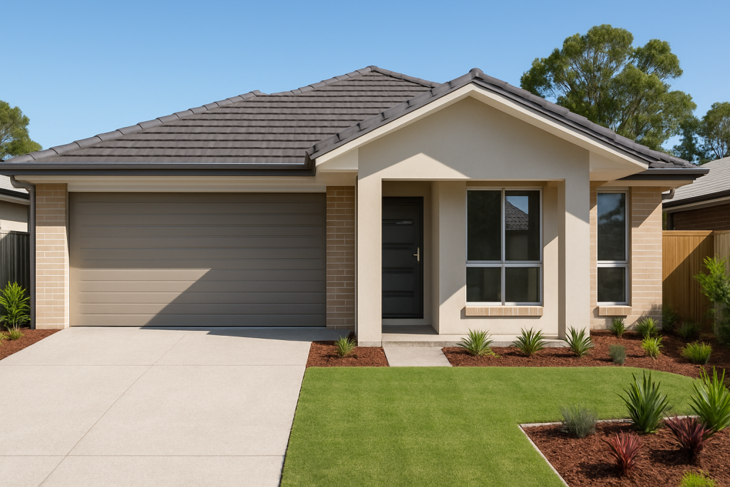 Completed new home build in Redlands by a licensed new home builder, showing council-approved house with landscaped front …
