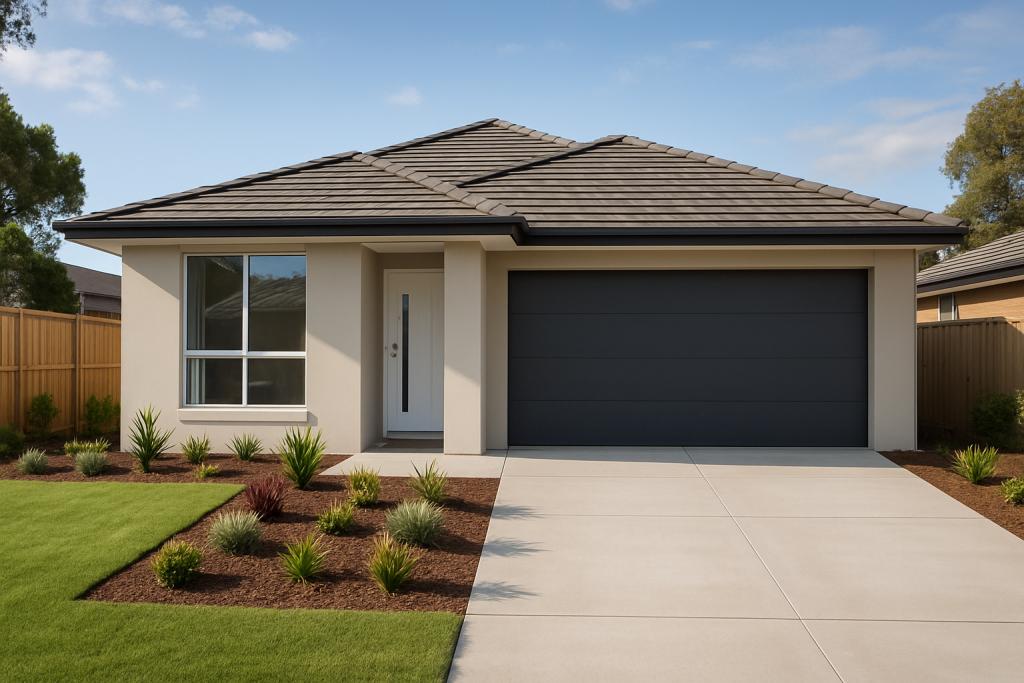 New home builder completed modern Brisbane house with landscaped front yard, clean driveway, and move-in-ready presentation