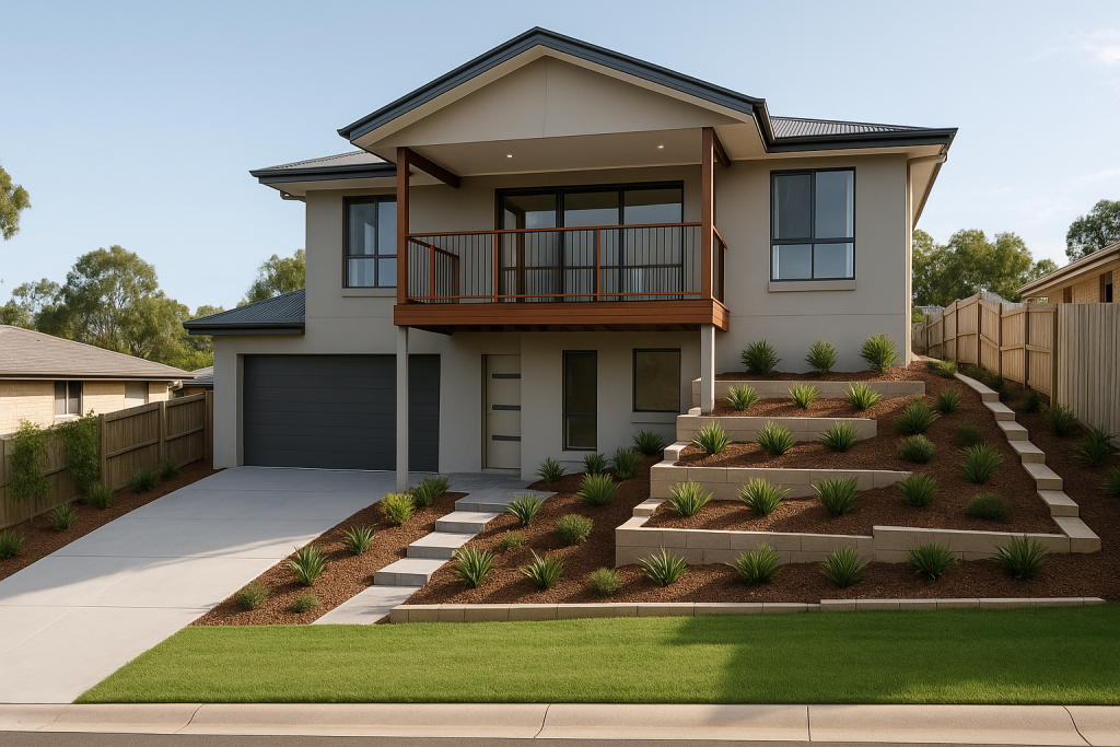 New Home Builder completed house on sloped block in Ipswich with elevated deck and landscaped terraced gardens