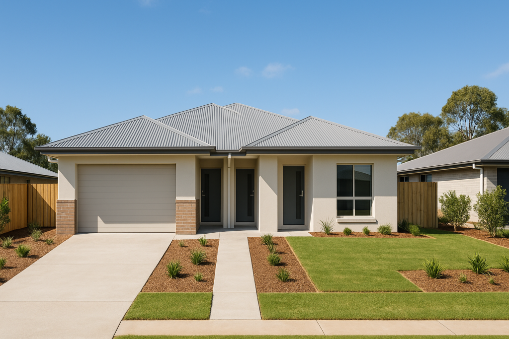New Home Builder dual occupancy duplex completed in Ipswich with landscaped front yard and two separate garage doors