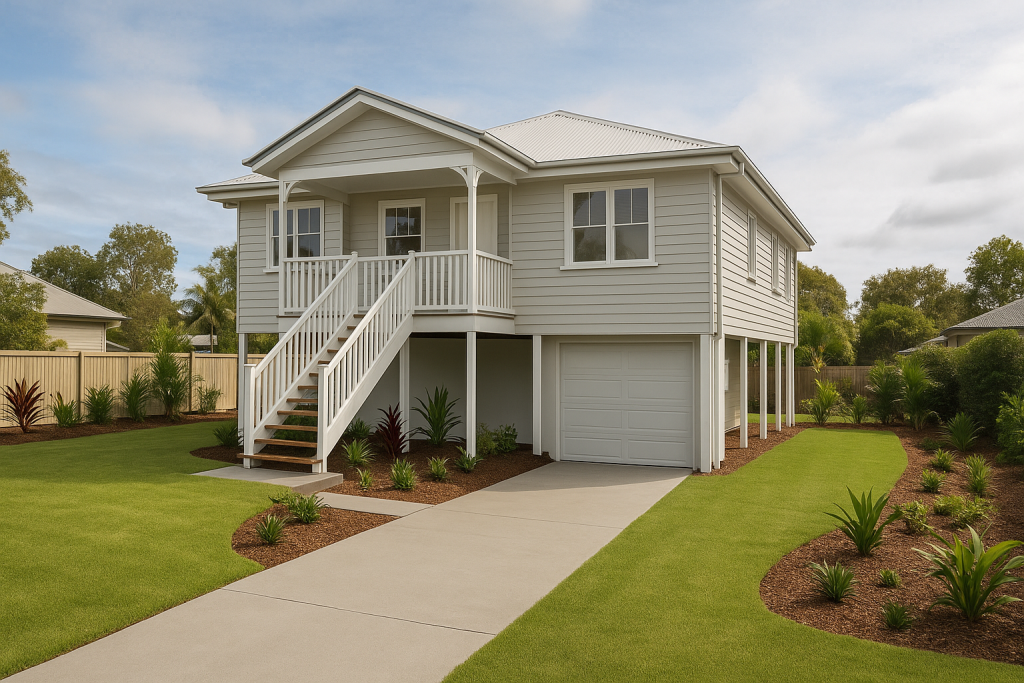 New Home Builder completed elevated new home in Ipswich flood zone with landscaped yard and clean driveway