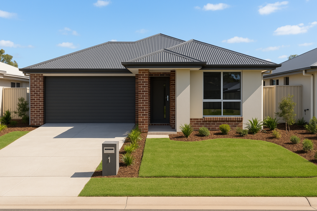 New Home Builder completed house in Brisbane master planned community with landscaped yard and modern facade