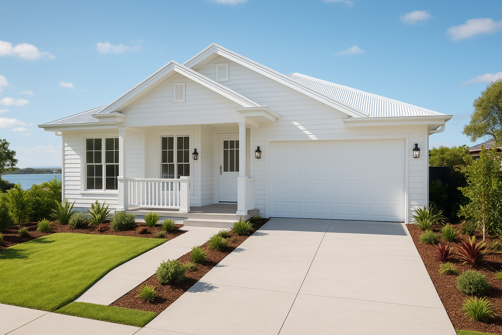 New home builder completed waterway-adjacent new home in Redlands with elevated floor and landscaped yard