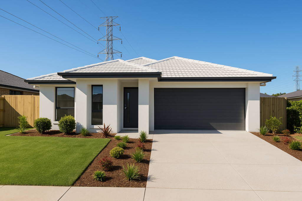 New home builder completed Brisbane house near powerline easement with landscaped front yard and clean driveway