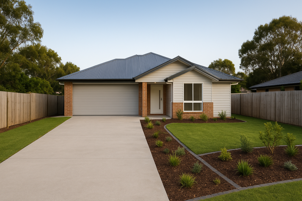 New Home Builder completed house on a battle-axe block in Logan with landscaped yard and long concrete driveway