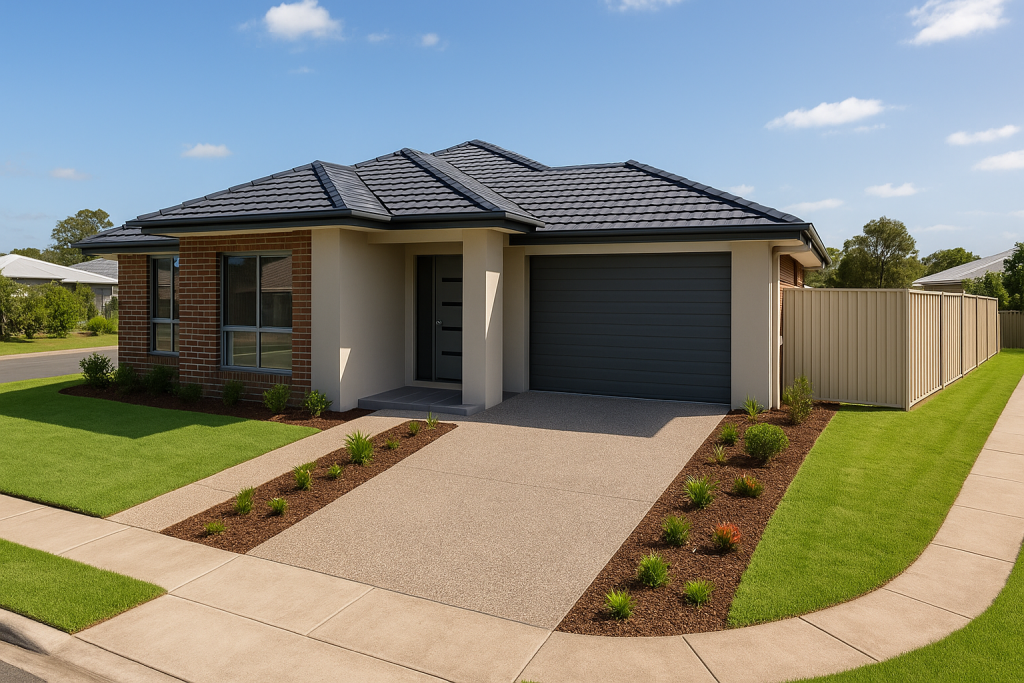 New Home Builder corner block house in Ipswich, Greater Brisbane, with dual street frontage and landscaped front yard