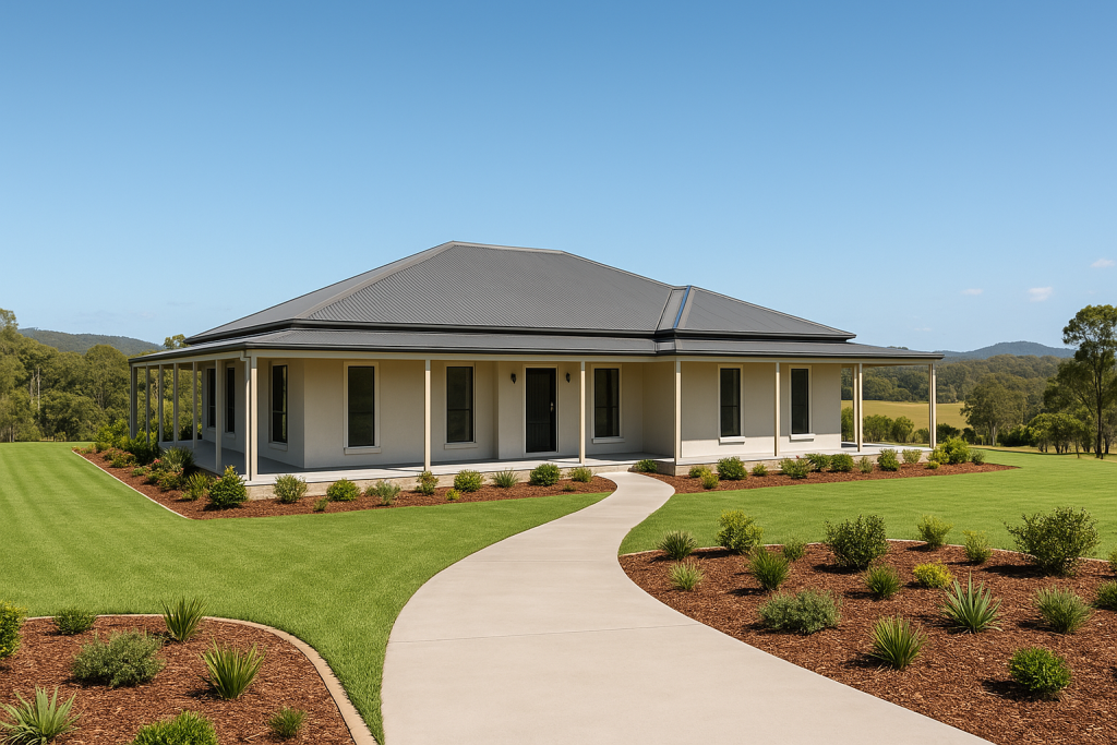 New home builder completed acreage house in Moreton Southeast Queensland with wide verandah and landscaped rural property