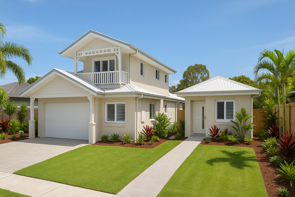 New home builder completed house with granny flat on Gold Coast suburban block, move-in ready with landscaped front yard
