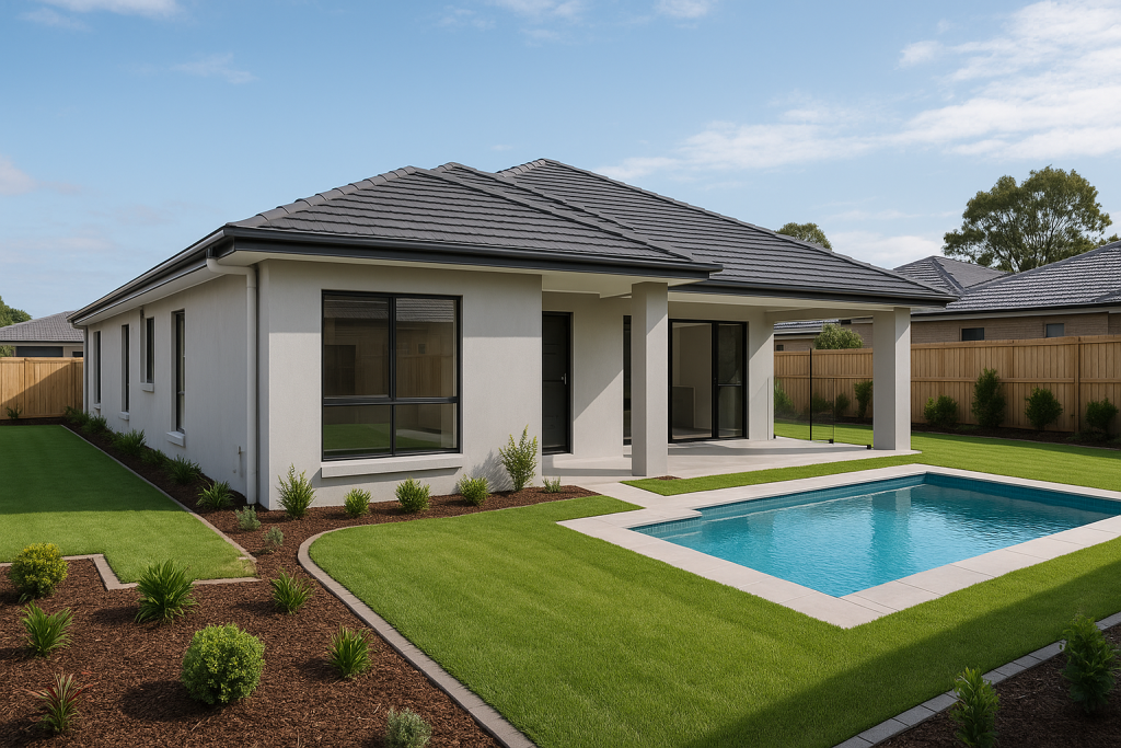 New home builder completed house with in-ground pool in Ipswich, featuring alfresco, pool deck, and manicured landscaping