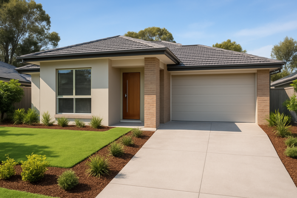 New home builder completed house and land package in Brisbane with manicured lawn and clean driveway