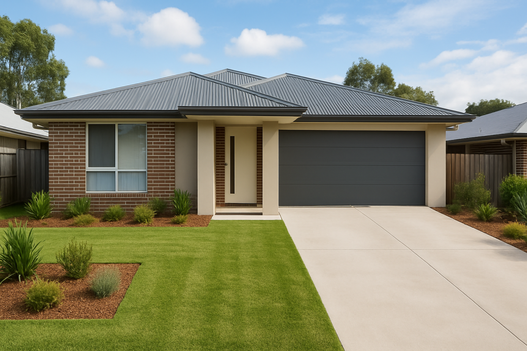 New home builder completed Logan property with landscaped front yard, clean driveway and fresh exterior finish